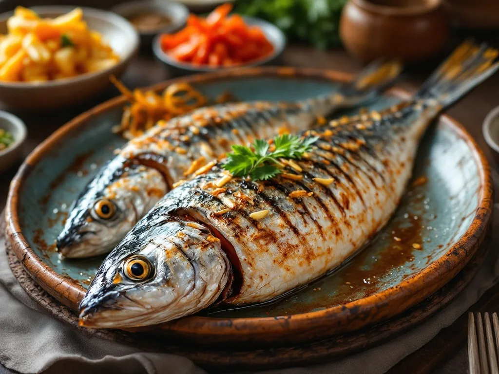 a beautifully grilled whole mackerel and hairtail fish served on a rustic plate with side dishes, korean restaurant table, warm light, appetizing, editorial food photography, no faces