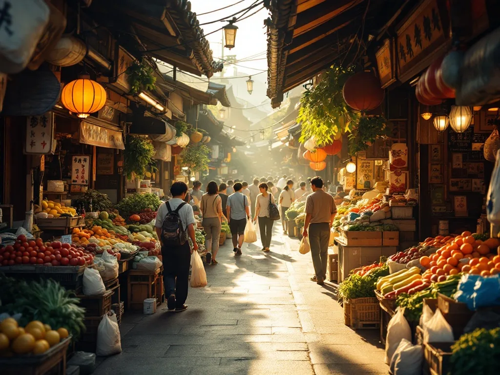a bustling Korean traditional market alley in warm afternoon light, vegetable and fruit stalls, shoppers with bags, editorial documentary photography, no text, no watermark