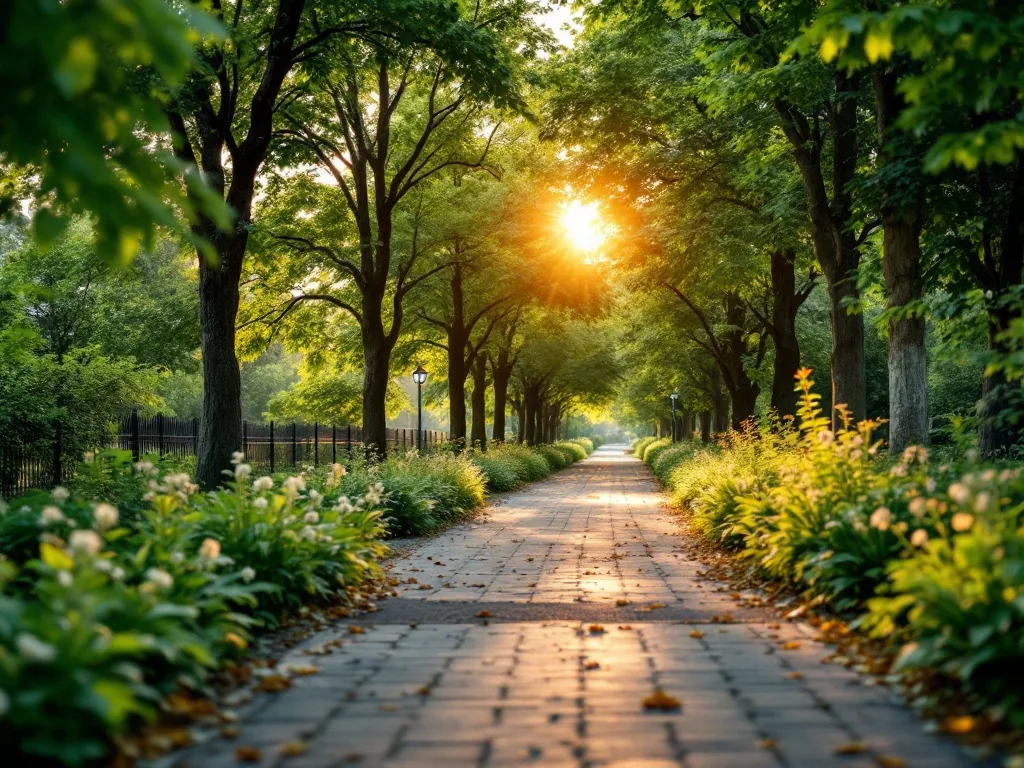 a calm green urban park path in early summer at golden hour, sunlight through trees, peaceful mood, no insects, editorial photography, shallow depth of field