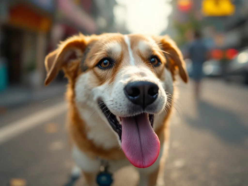 a close-up of a dog panting heavily with tongue out and drooling on a hot asphalt street in a Korean city at noon, summer heat haze, editorial photography