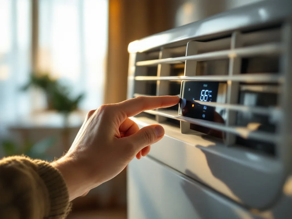 a close-up of a hand adjusting a home air conditioner remote set to a comfortable temperature, warm afternoon light in a Korean living room, editorial photography, shallow depth of field