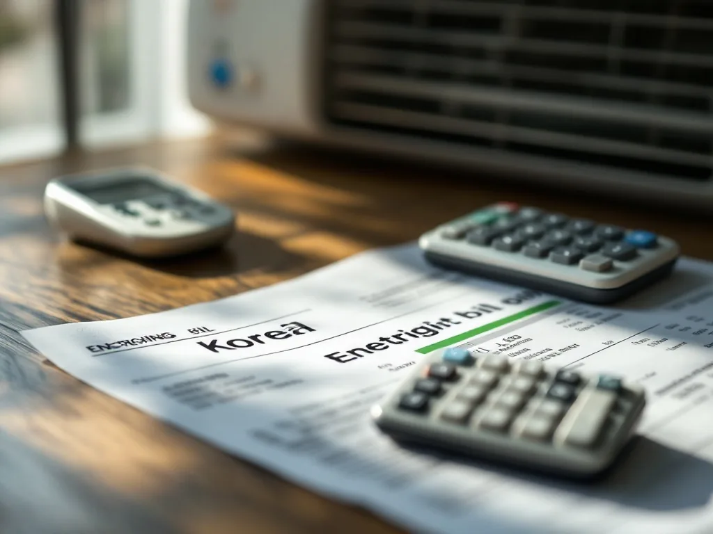 a close-up of a korean electricity bill and a calculator on a wooden table next to an air conditioner remote, soft window light, editorial finance photography, shallow depth of field