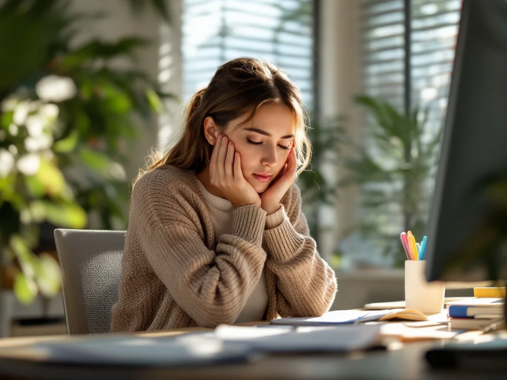 a cold office interior in summer with an air conditioner blowing, a woman wearing a cardigan rubbing her shoulders feeling chilly at her desk, soft daylight through blinds, editorial photography, shallow depth of field