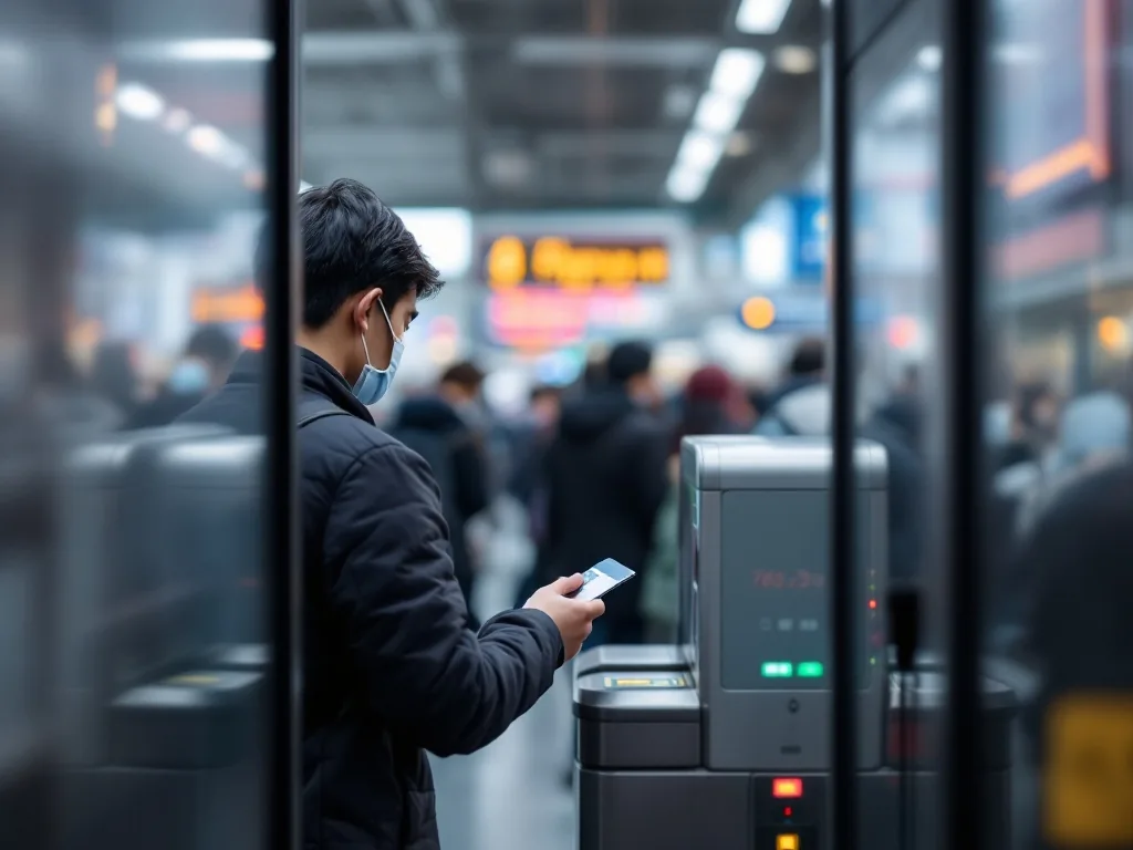 a commuter tapping a transit card at a Seoul subway gate during morning rush hour, blurred crowd in the background, natural daylight, editorial street photography, shallow depth of field