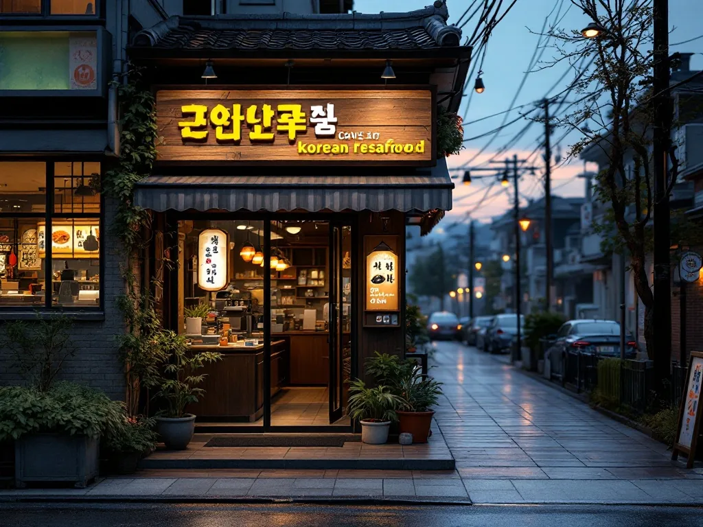 a cozy korean seafood restaurant entrance in a quiet suburban food alley at dusk, warm lights from inside, wooden signboard, calm evening mood, editorial photography