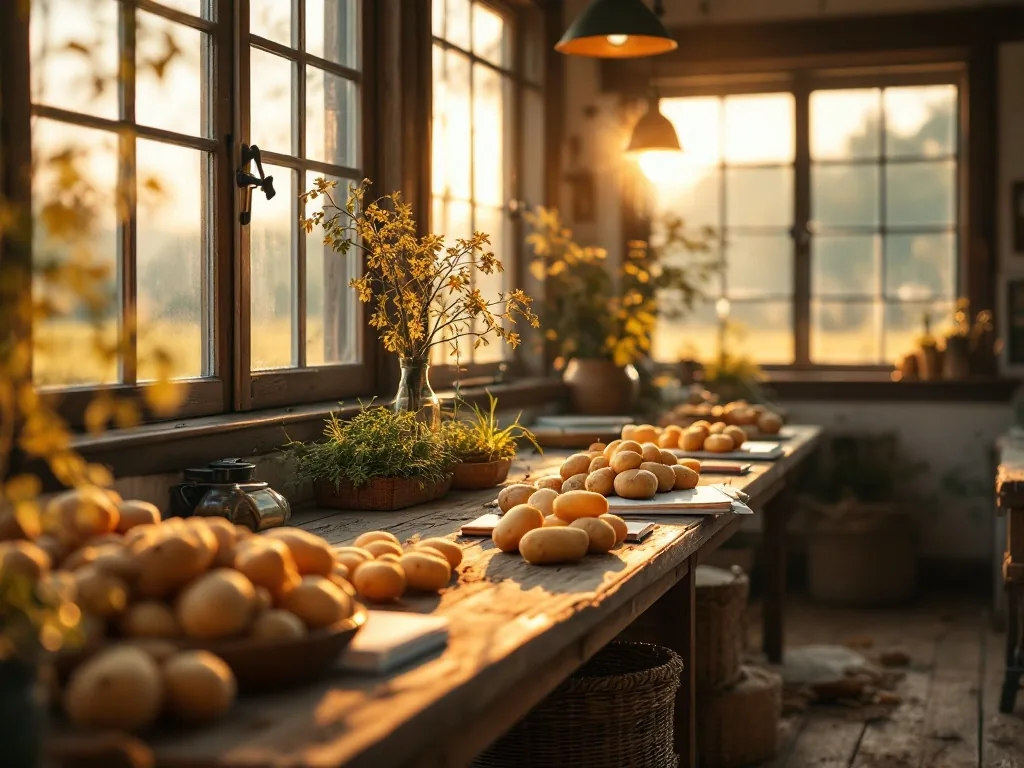 a cozy rural agricultural research office in the Korean countryside at golden hour, wooden desks with potato samples and notebooks, warm sunlight through windows, calm healing mood, editorial photography, shallow depth of field