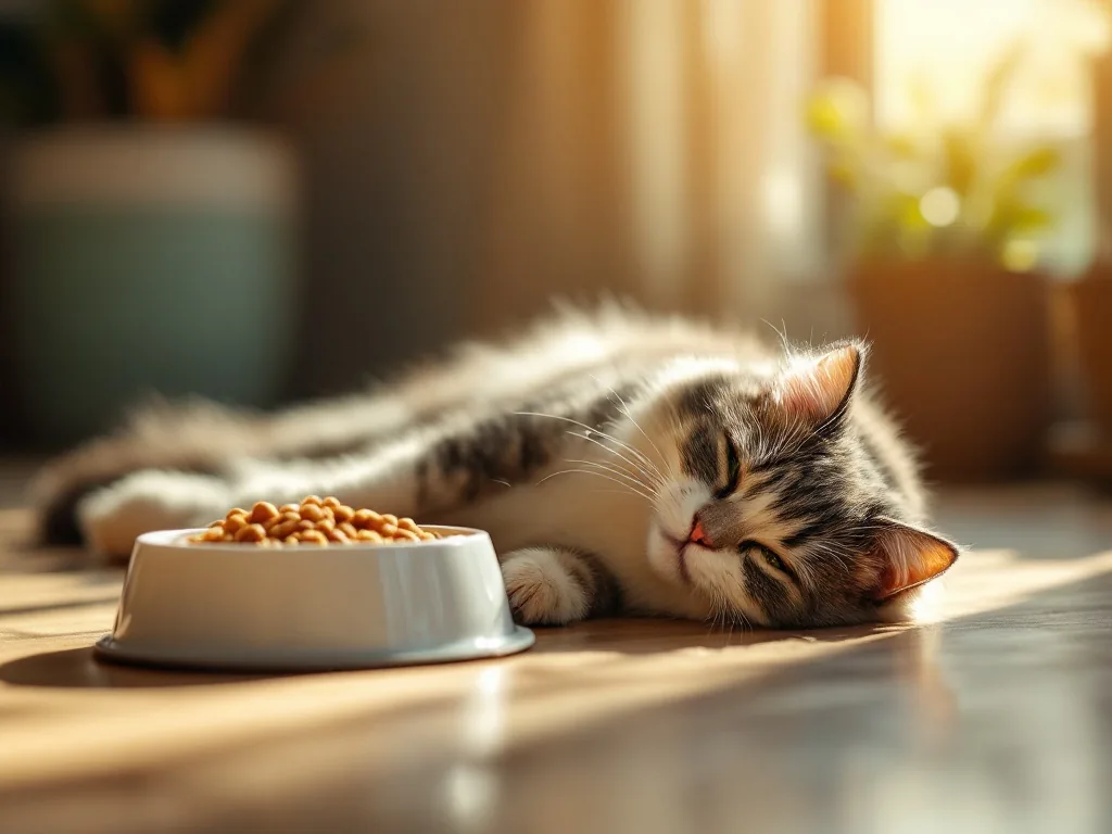 a fluffy shorthair cat lying listlessly next to a full untouched food bowl on a kitchen floor in summer, warm afternoon light through a window, editorial pet photography, shallow depth of field