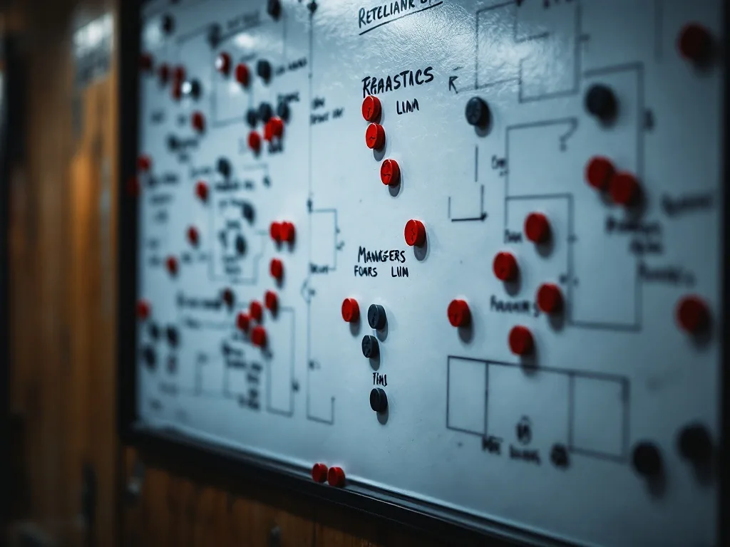 a football tactics whiteboard with magnetic player markers and formation diagrams in a locker room, close-up, moody lighting, no faces, editorial sports photography