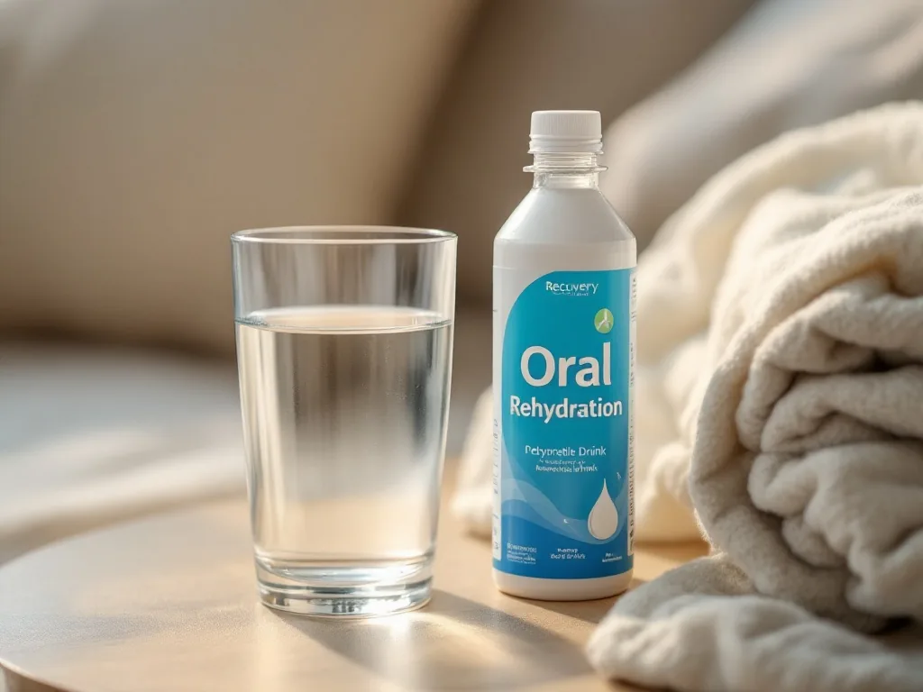 a glass of water and an oral rehydration drink on a bedside table next to a folded blanket, soft warm indoor light, close-up, calm recovery mood, editorial photography, no text