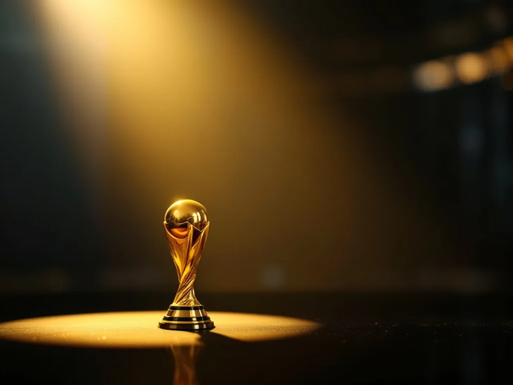 a golden world cup style trophy standing alone on a dark reflective table, dramatic single spotlight, editorial sports photography, shallow depth of field
