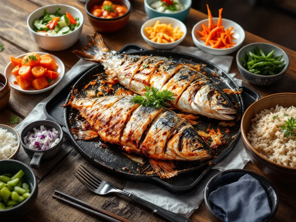 a hearty korean grilled fish set meal on a wooden table, whole grilled mackerel and croaker with many colorful side dishes and rice, overhead shot, natural window light, appetizing editorial food photography