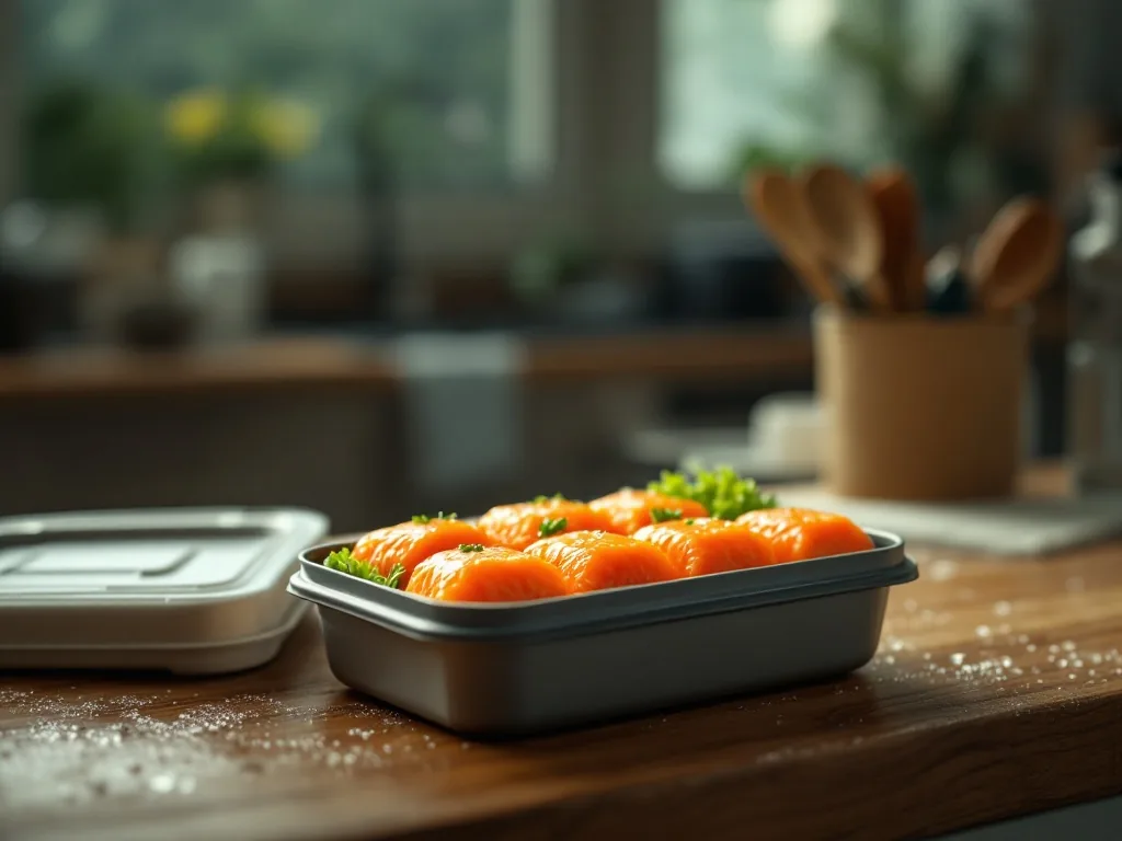 a humid summer kitchen counter with a lunchbox of gimbap left out, condensation on the lid, soft overcast daylight, close-up, editorial photography, no text