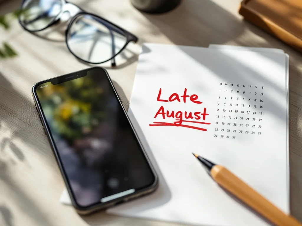 a korean calendar with late august date circled in red pen next to a smartphone showing a banking app, close-up on desk, soft daylight, editorial still life photography