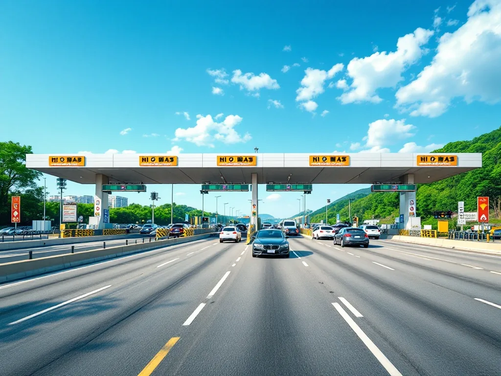 a Korean highway toll gate with hi-pass lanes at daytime, cars passing through, clear blue sky, wide documentary photography, no text