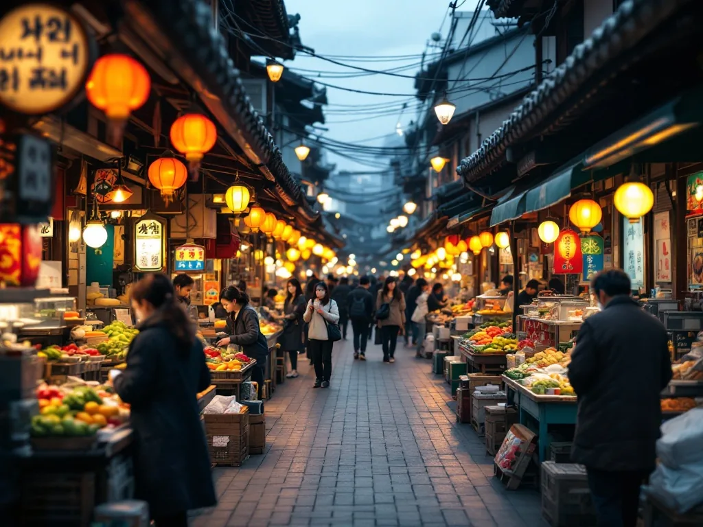 a lively Korean traditional market alley with small food stalls and shoppers in the early evening, warm lantern light, fresh produce and street food on display, documentary street photography, no readable text