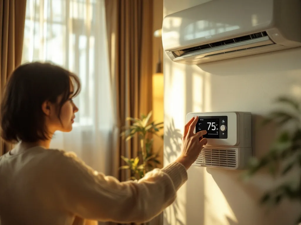 a modern korean living room with an air conditioner running and a person adjusting a thermostat, warm summer afternoon light through curtains, cozy mood, editorial interior photography, no text
