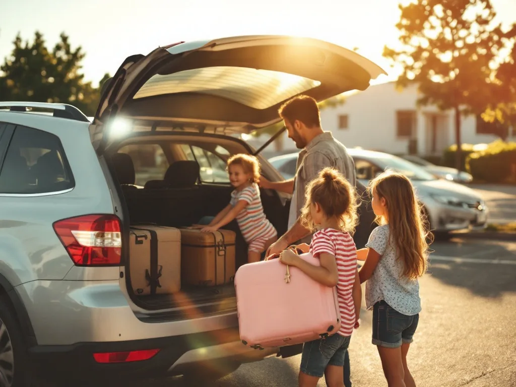 a parent and two children loading luggage into a car trunk for a summer trip, seen from behind, sunny parking lot, warm candid family mood, editorial photography, no faces close-up
