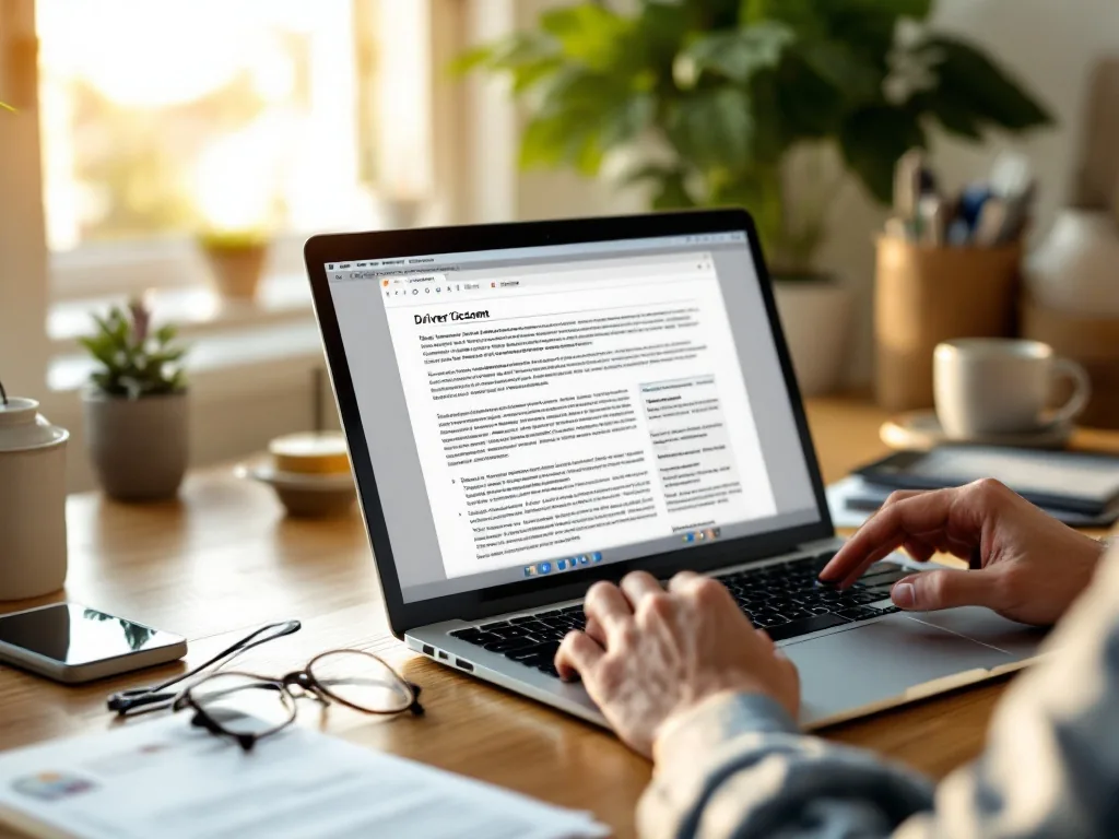a person checking a document on a laptop at a tidy home desk, a driver license and reading glasses beside the keyboard, warm afternoon light, over-the-shoulder view, editorial photography, no text