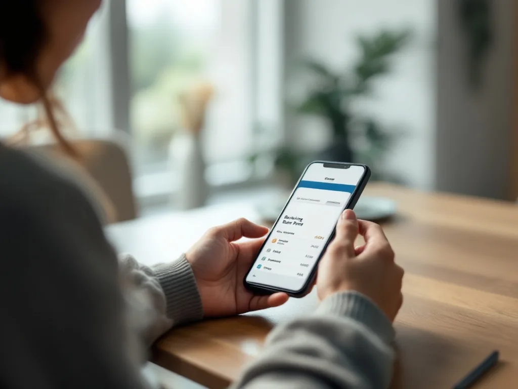a person checking a smartphone banking app at a wooden kitchen table in a Korean home, soft morning light, close-up of hands and phone screen, calm everyday mood, editorial photography, no readable text