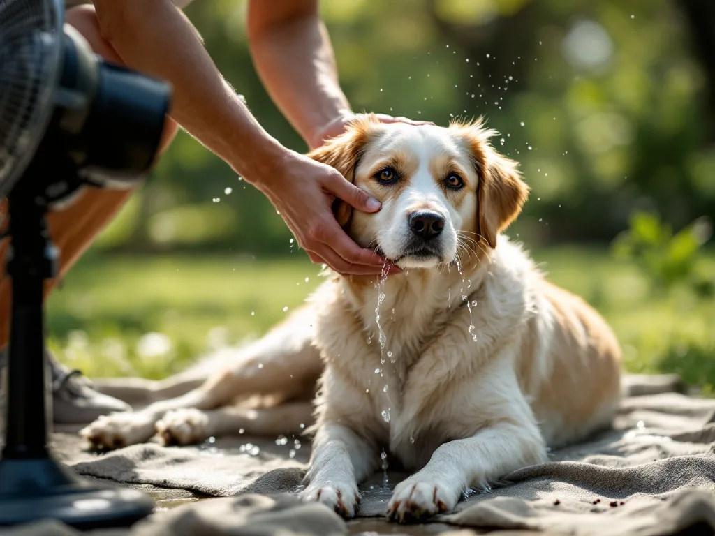 a person gently pouring cool water over a dog's body and paws in a shaded area, a fan blowing air, first aid for overheated dog, soft natural light, editorial photography