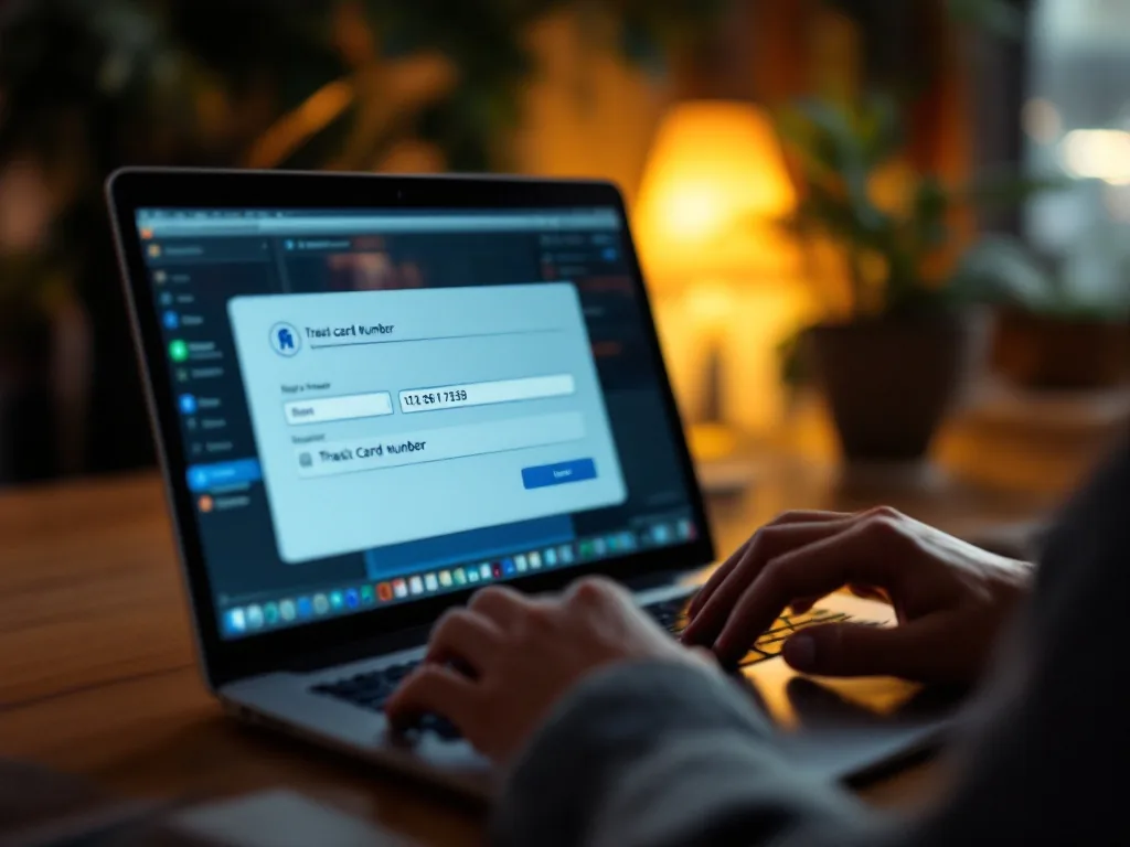 a person registering a transit card number on a laptop screen at a home desk, hands on keyboard, warm indoor light, over-the-shoulder view, editorial photography, shallow depth of field