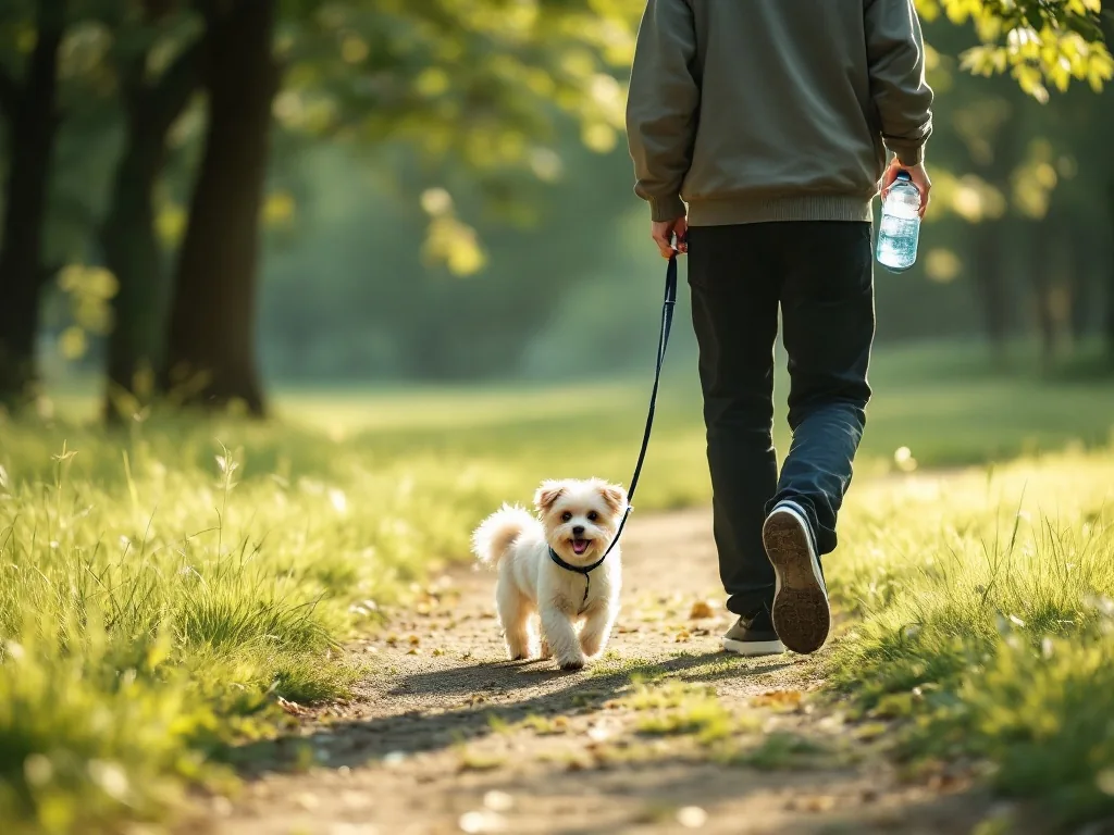 a small dog walking on a shaded grass path in a Korean park in early morning summer light, cool and calm mood, owner holding a water bottle, editorial photography