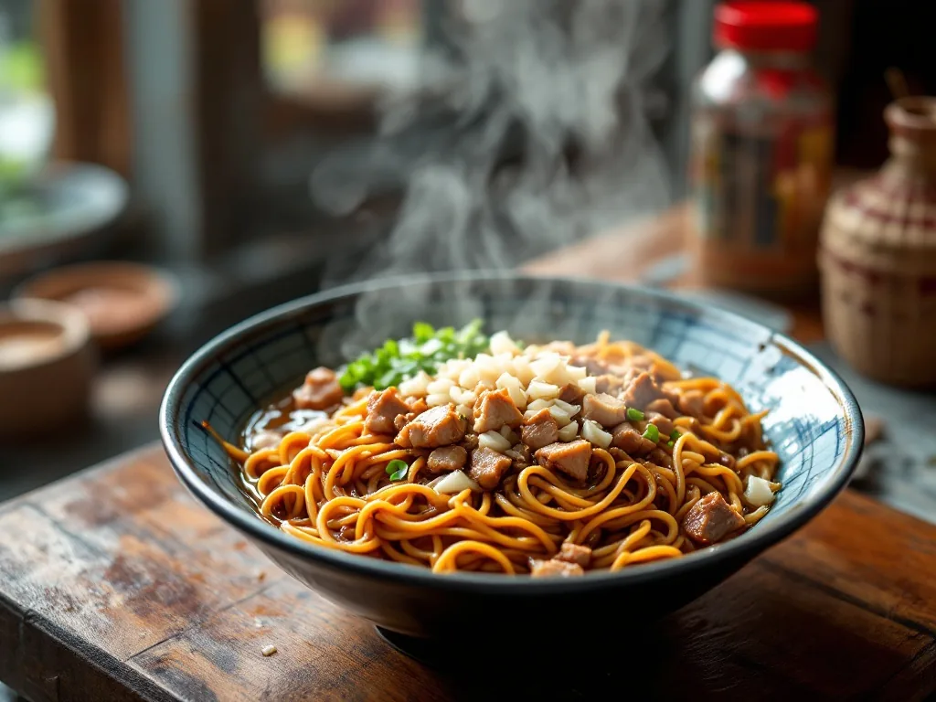 a steaming bowl of korean jjajangmyeon black bean noodles with diced pork and onion on a simple table at a small local chinese restaurant, warm daylight, appetizing, no text