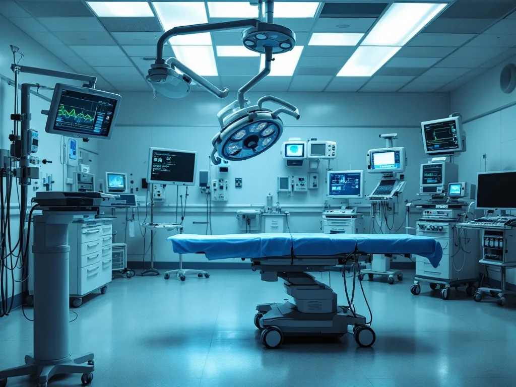 a sterile hospital treatment room with medical monitors and an empty procedure table, cool clinical lighting, somber serious atmosphere, no people, editorial documentary photography