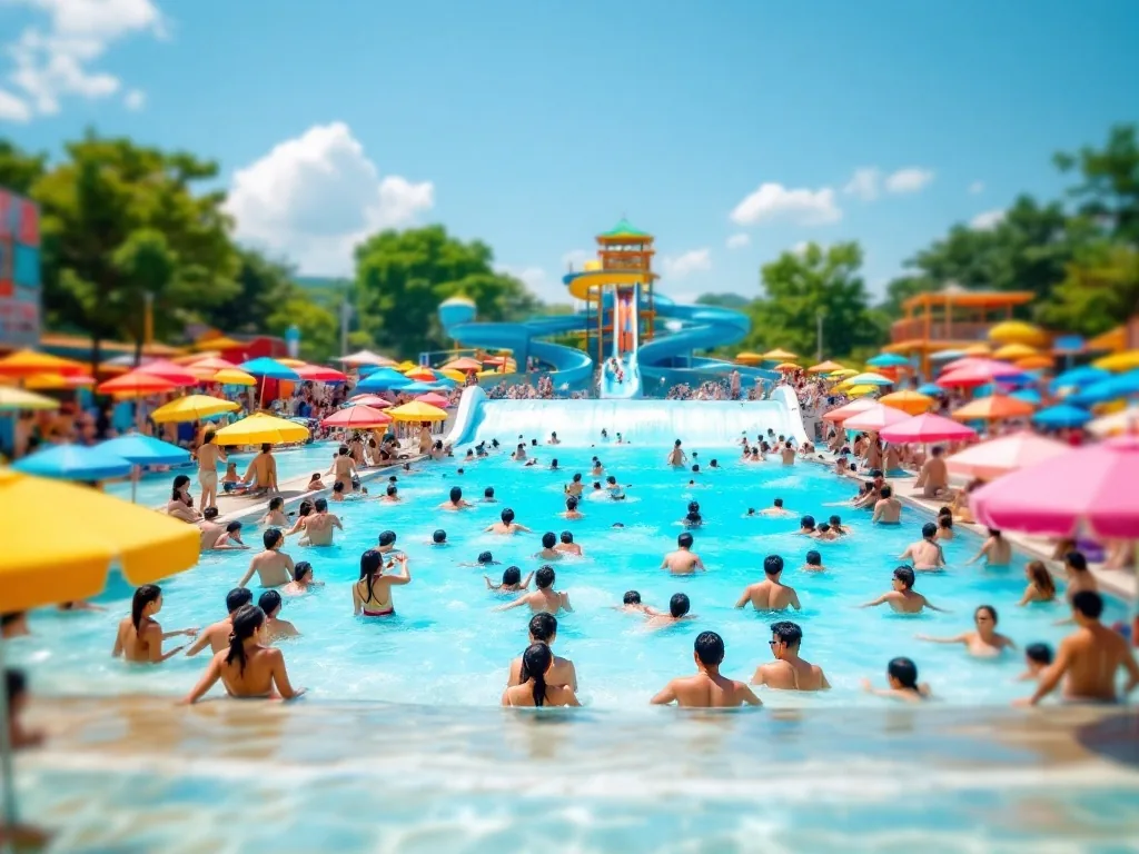 a wide view of a crowded outdoor wave pool at a Korean water park on a bright summer afternoon, colorful parasols, blue water, families playing, editorial travel photography, shallow depth of field