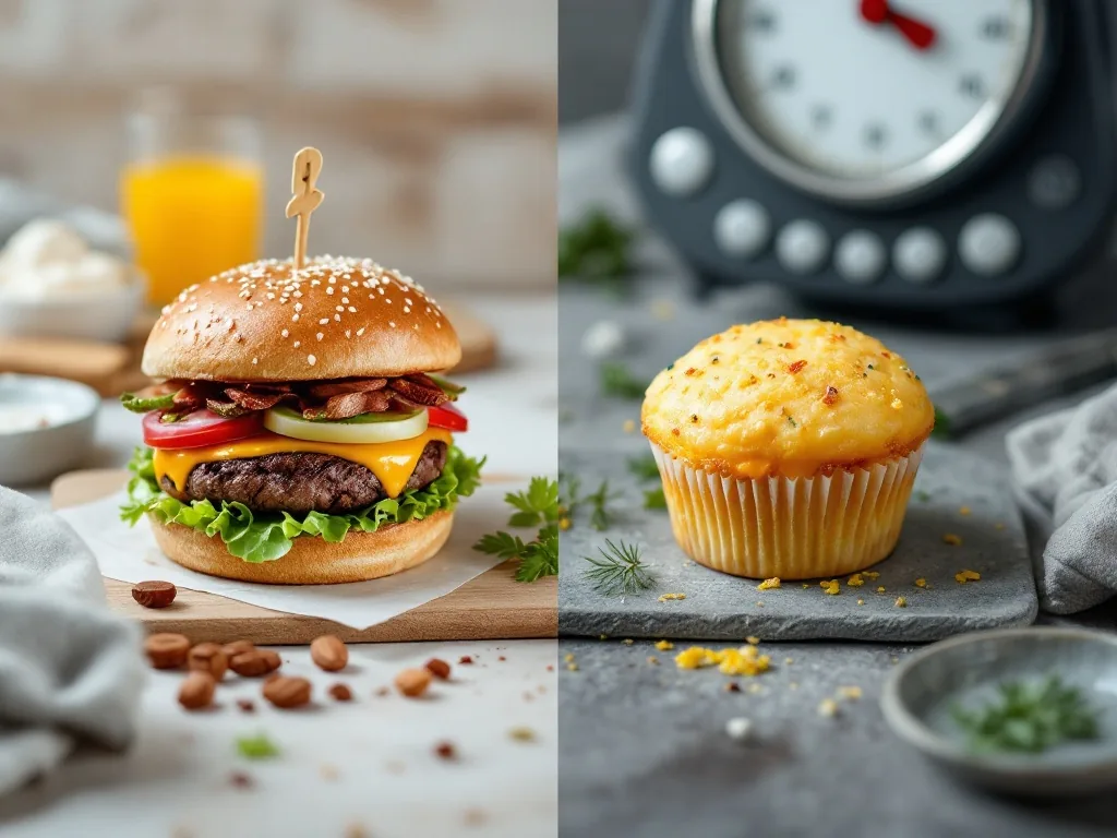 burger and breakfast muffin side by side with simple nutrition measuring tools and kitchen scale, clean editorial comparison photo, no written labels, no logo