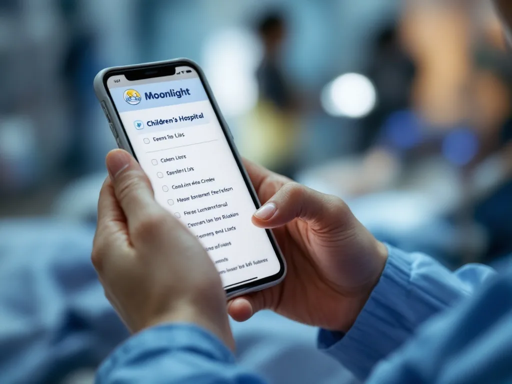 caregiver checking Moonlight Children's Hospital list on smartphone