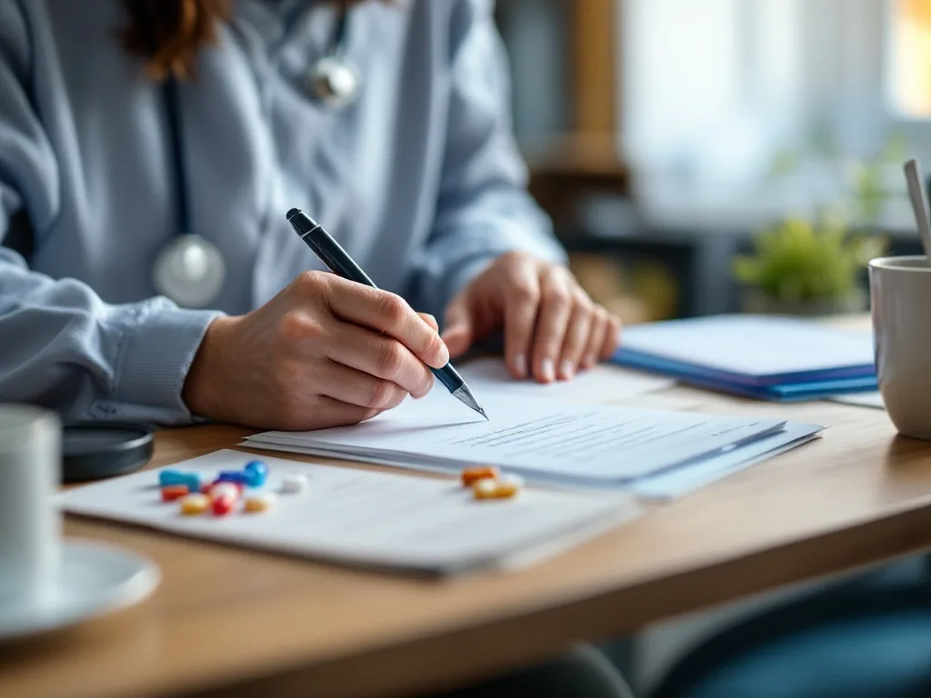 caregiver organizing medicine list phone number and emergency contact note before online registration, realistic bright home desk | 안심콜 등록 전 병력·복용약·보호자 연락처 준비
