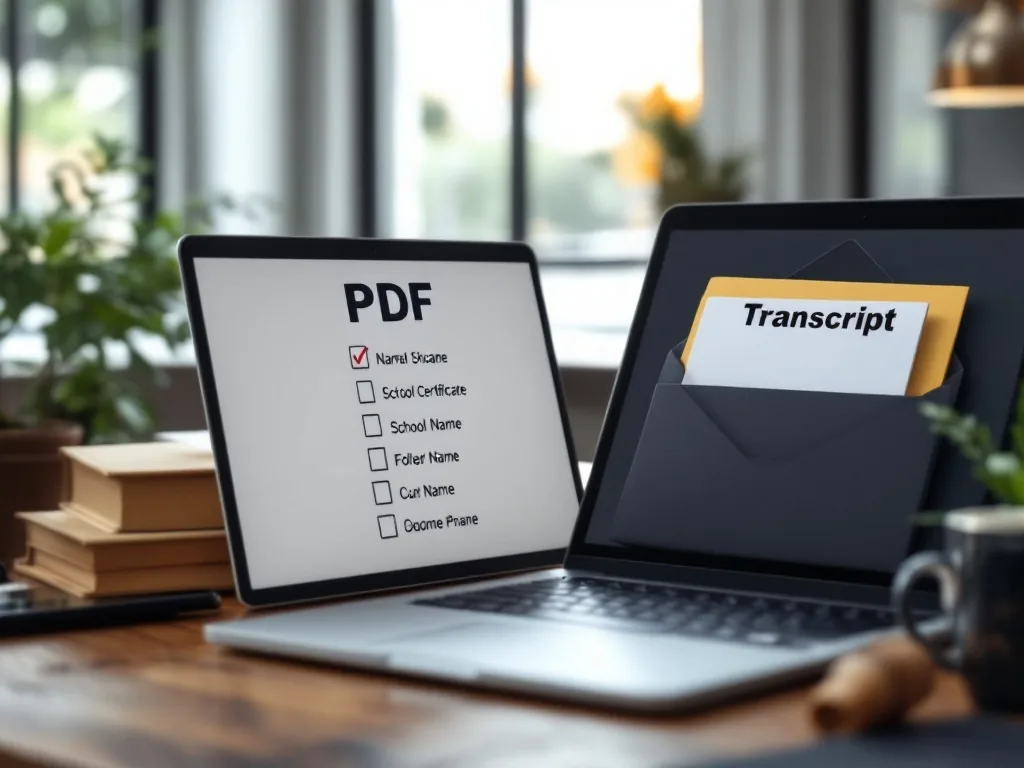 clean PDF certificate submission checklist on laptop with folder names and school transcript envelope, realistic desk photo no visible text