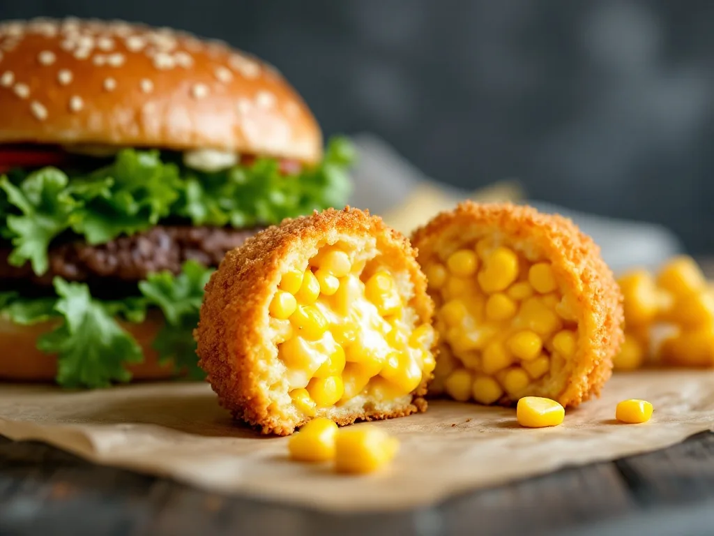 close-up crispy corn cheese croquette cut open with visible sweet corn kernels and melted cheese beside a beef burger, realistic food photography, no logo, no text