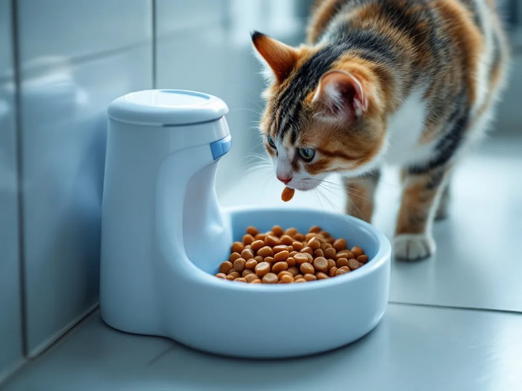 close-up of a cat water fountain next to a bowl of fresh wet food on a clean tiled floor, cool blue tones, soft natural light, editorial pet photography