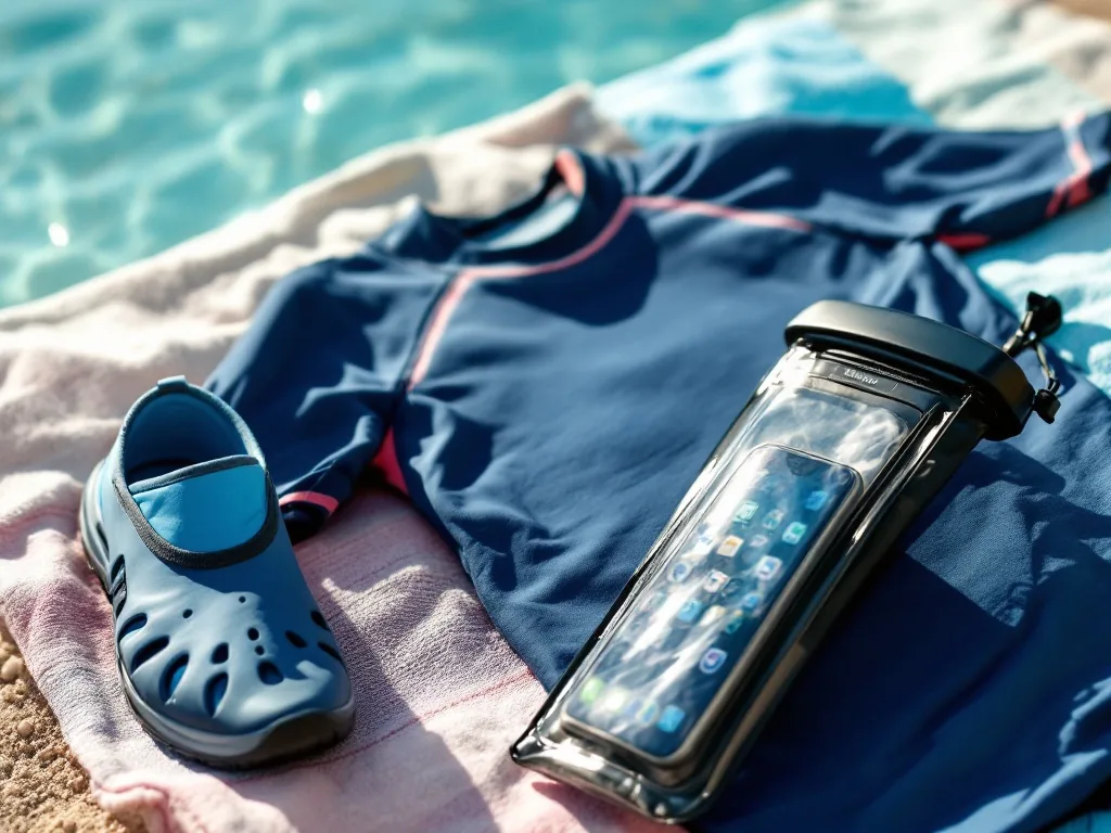 close-up of a rash guard, aqua shoes and a waterproof phone pouch neatly laid out on a beach towel, summer water park packing flat lay, soft natural light, editorial product photography