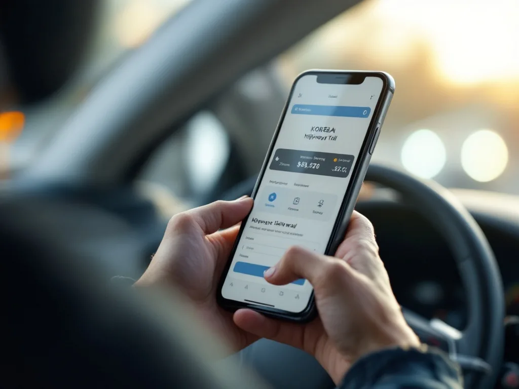 close-up of a smartphone screen showing a Korean highway toll payment website, hands holding the phone inside a parked car, soft daylight through window, editorial photography, shallow depth of field
