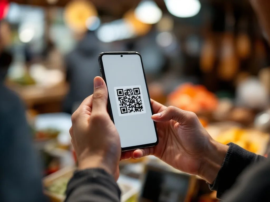 close-up of hands holding a smartphone showing a QR mobile payment screen at a Korean traditional market stall, warm natural light, editorial photography, no text, no watermark