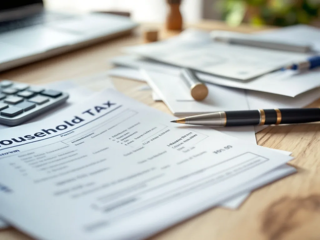 close-up of Korean household tax documents on a wooden desk with a laptop, soft daylight, no readable personal information