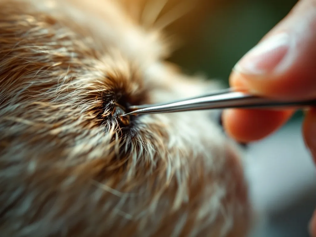 close-up of tweezers removing a tick from dog fur, careful hand, soft natural light, editorial pet-care photography