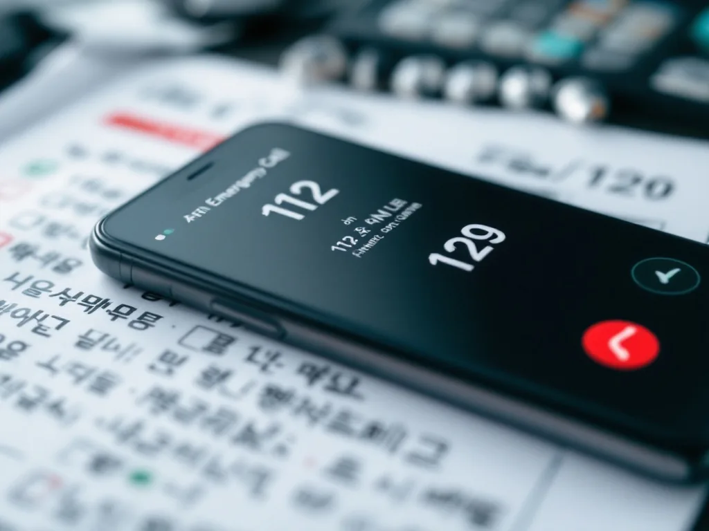 close view of smartphone emergency call screen with Korean 112 and 119 notes on paper, no logos, realistic public safety checklist photo