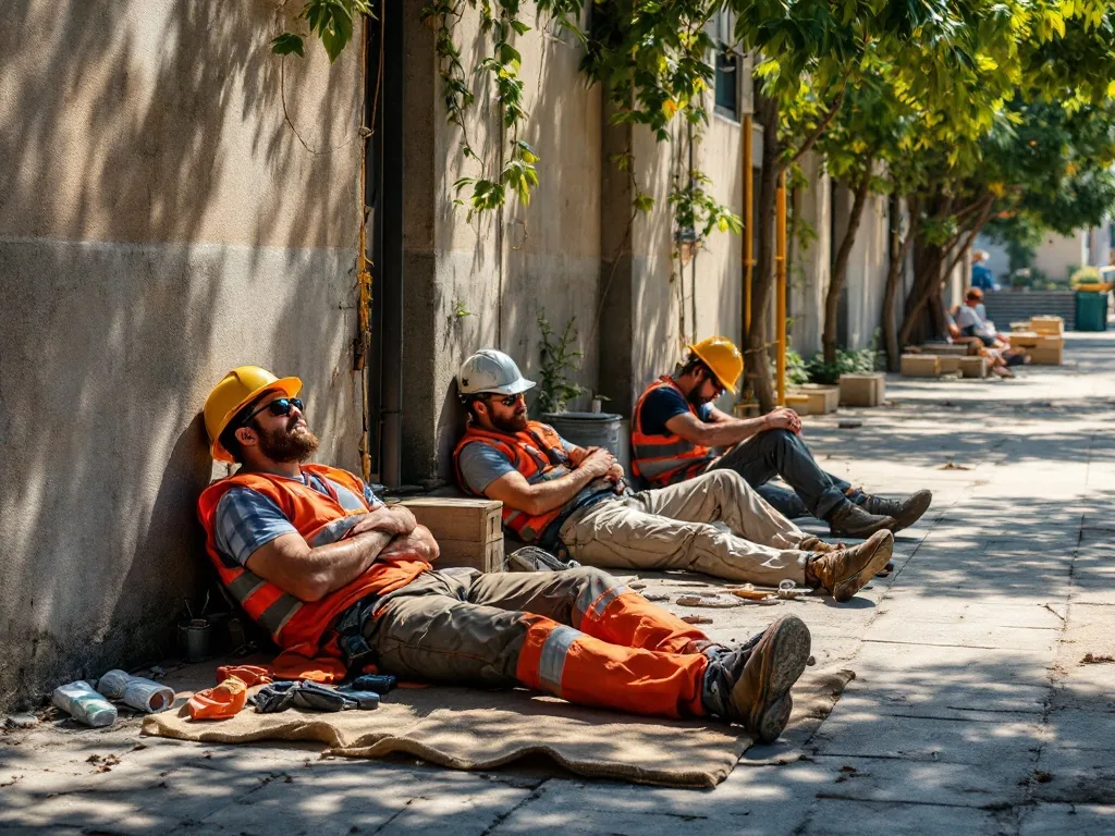 construction workers resting in shaded area heatwave