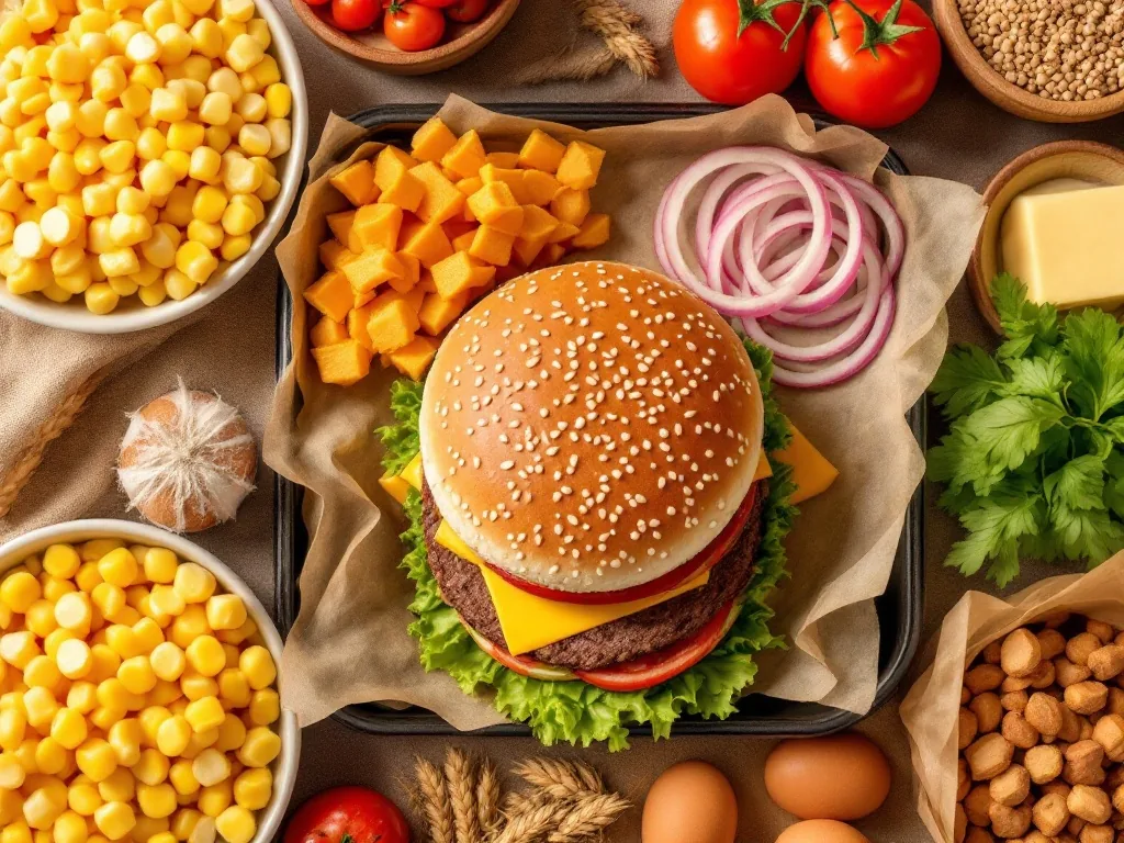 corn kernels cheese egg wheat tomato and soy ingredients arranged neatly around a generic burger tray, realistic overhead food photo, no labels, no logo