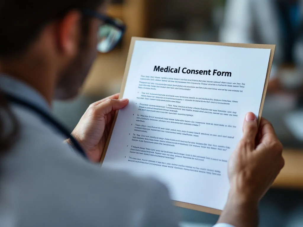 doctor explaining medical consent form to patient without faces