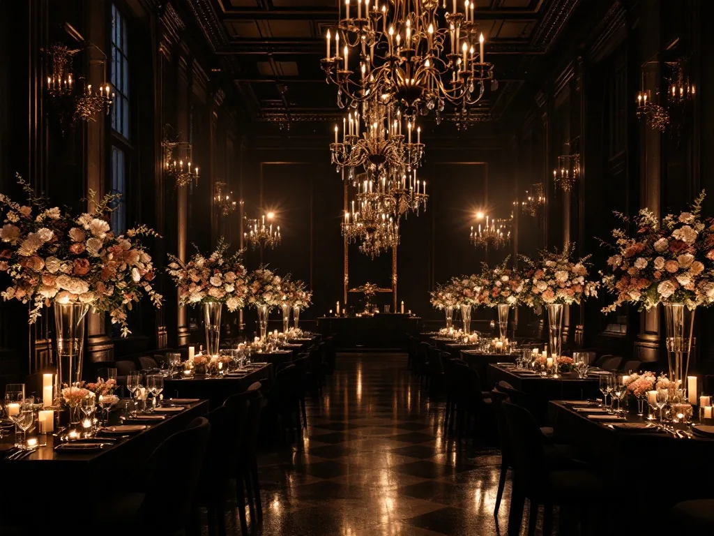 elegant black tie wedding reception hall in new york at night, chandeliers and floral decor, no people faces, editorial photography, warm ambient light