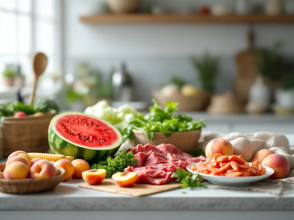 fresh korean grocery haul on a kitchen counter, watermelon, beef, seafood and peaches, bright natural light, editorial food photography, no faces, no text
