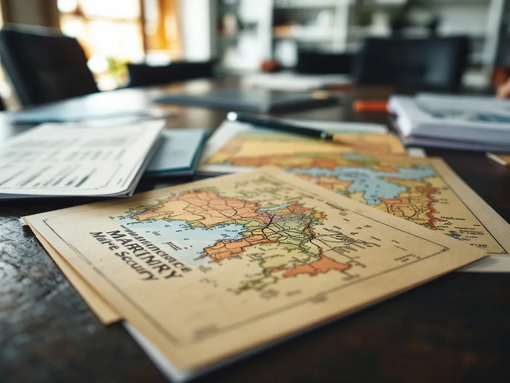 government meeting table with maritime security papers and map