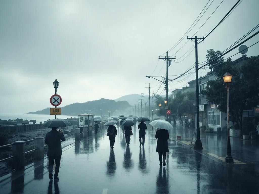 heavy rain pouring on an empty street in a Korean coastal town, people holding umbrellas walking on a flooded sidewalk, dark stormy sky, documentary photography, overcast light