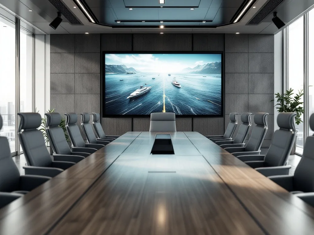 international maritime security conference room with sea route screen