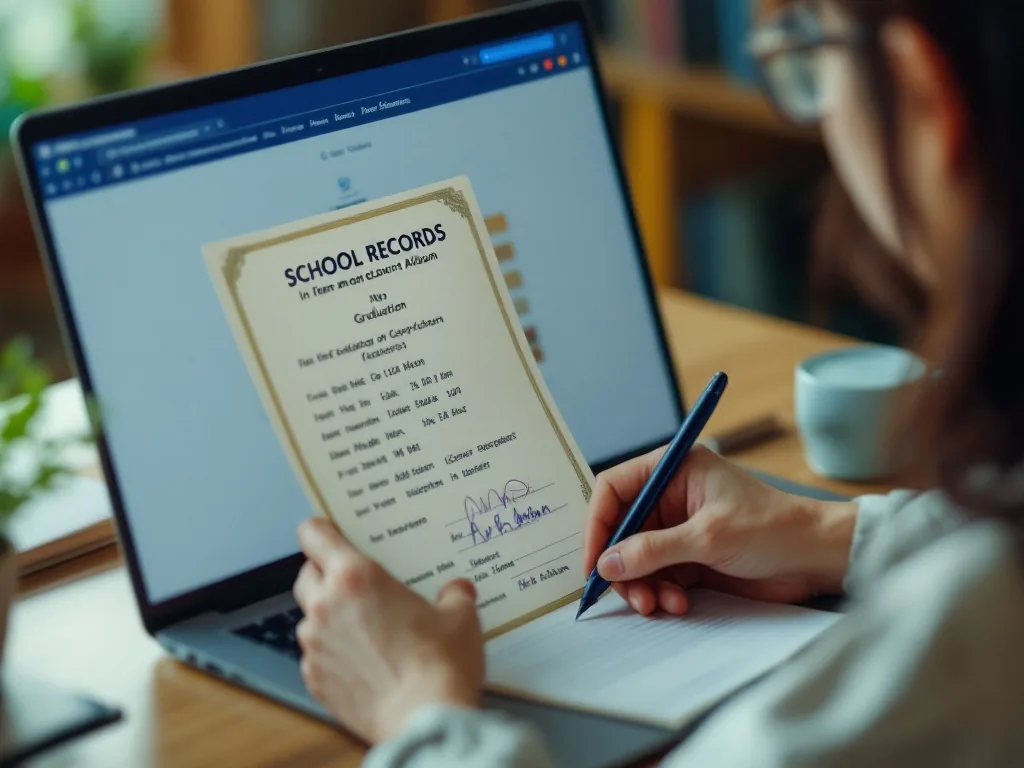 Korean adult searching school records certificate on government website with graduation album and notes, bright realistic editorial photo no text